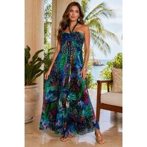 Elaua Kattau Halter‎ Maxi Dress Womens S Multicolor Butterfly Fairycore Mesh